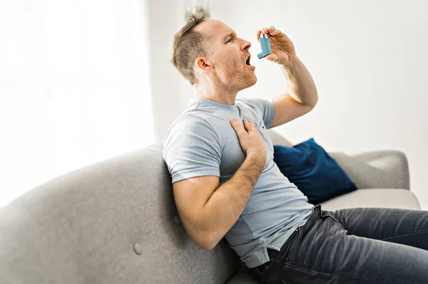 Člověk používající inhalátor na astma u kočky domácí. Zdravotní péče — Stock fotografie