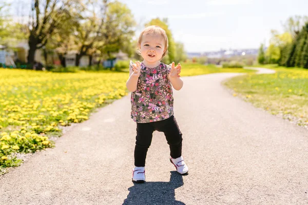 Agradável e bonito bebê menina andando ao ar livre — Fotografia de Stock