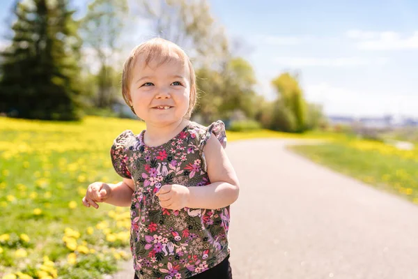 Pěkný a roztomilý holčička kráčející venku — Stock fotografie