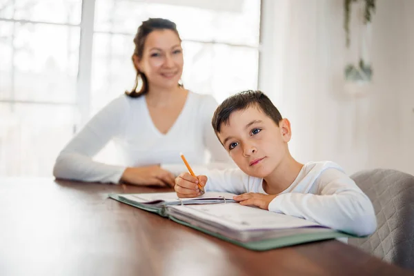 Mother and child doing homework at home — Stockfoto