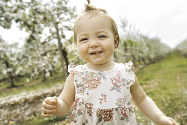 Roztomilé malé usmívající se holčička hraje v kvetoucí jablečné zahradě — Stock fotografie