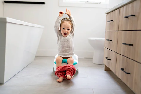 Adorable jeune bébé assis et apprenant à utiliser les toilettes — Photo