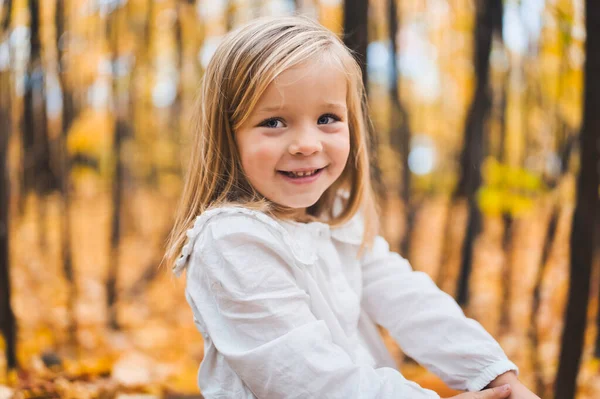 Adorable petite fille avec des feuilles d'automne dans le parc de beauté — Photo