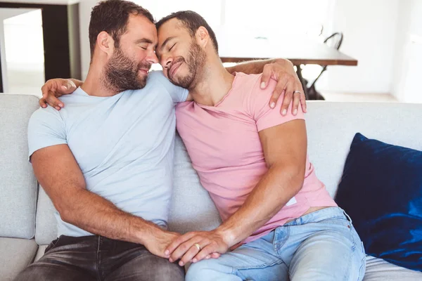 Πορτρέτο ενός χαριτωμένο αρσενικό γκέι ζευγάρι στο σπίτι — Φωτογραφία Αρχείου