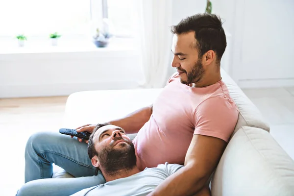 Portrét roztomilého mužského páru gayů doma — Stock fotografie