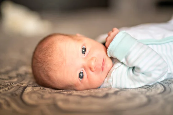 Um pequeno recém-nascido relaxando na cama dos pais — Fotografia de Stock