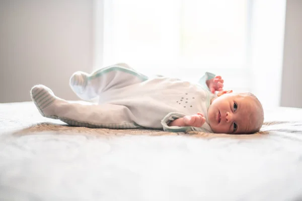 A Little Newborn relaxing on the parent bed — Zdjęcie stockowe