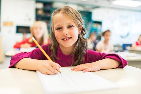 Education and school concept little student girl studying at school — Foto de Stock