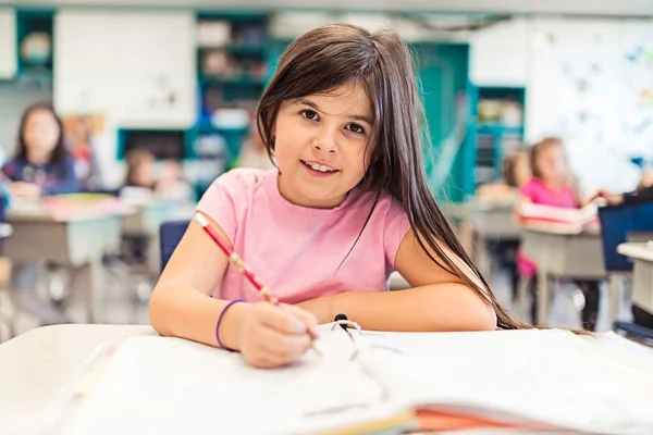 Education and school concept little student girl studying at school — Photo