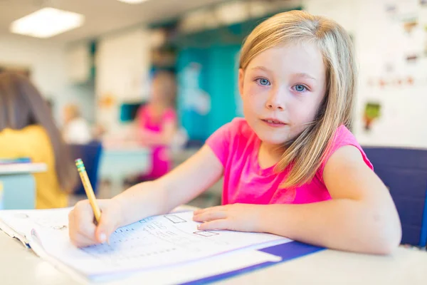 Education and school concept little student girl studying at school — Stock Photo, Image