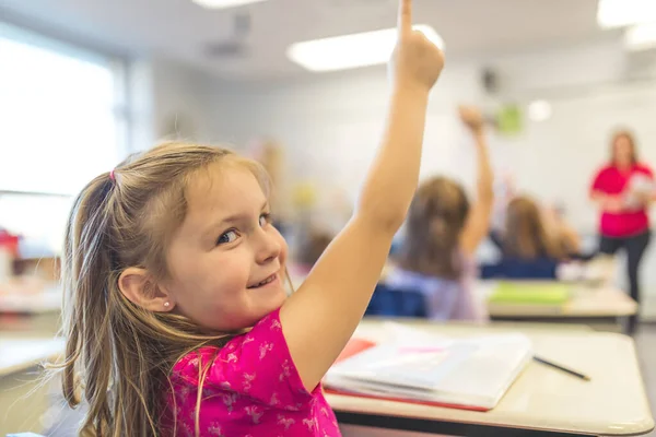 Education and school concept little student girl studying at school hand high — Photo