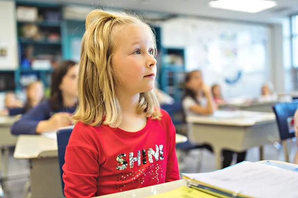 Education and school concept little student girl studying at school — Photo