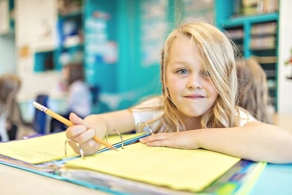 Education and school concept little student girl studying at school — Photo