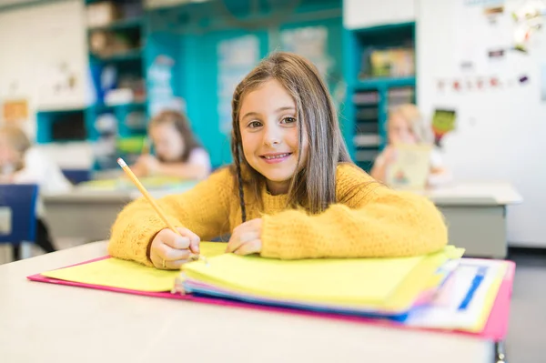 Education and school concept little student girl studying at school — Stockfoto