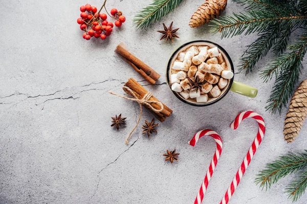Marshmallow sıcak çikolata, çam ağacı, kırmızı böğürtlen ve pin kozalaklarıyla Noel tatili yaratıcı düzeni