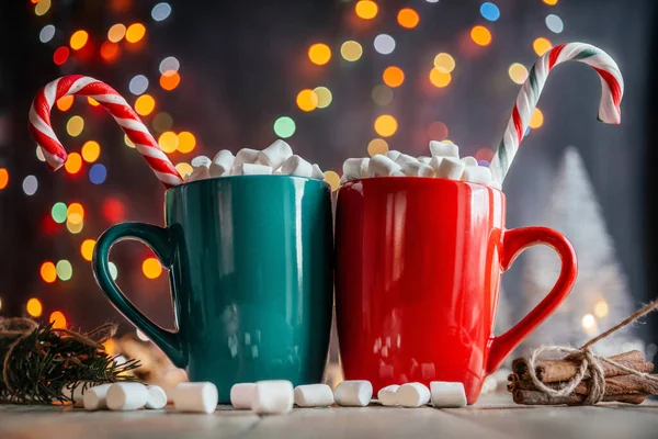 Christmas get together background with two cups of hot chocolate with marshmallow — Stock Photo, Image