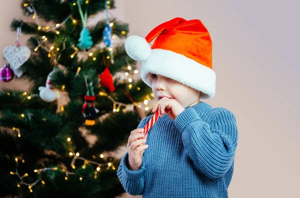 Menina em óculos e chapéu de Papai Noel comendo doces cana pirulito lo na época do Natal — Fotografia de Stock