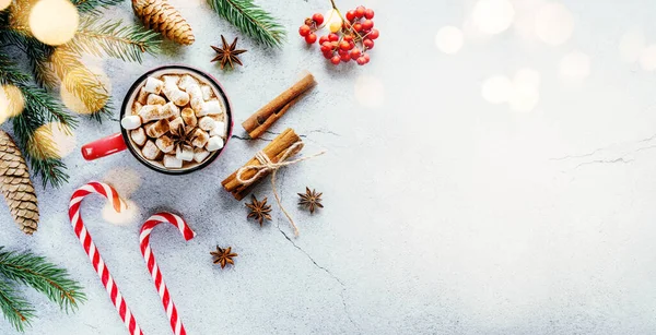 Marshmallow sıcak çikolata, köknar ağacı dalları ve çam kozalaklarıyla Noel tatili yaratıcı düzeni