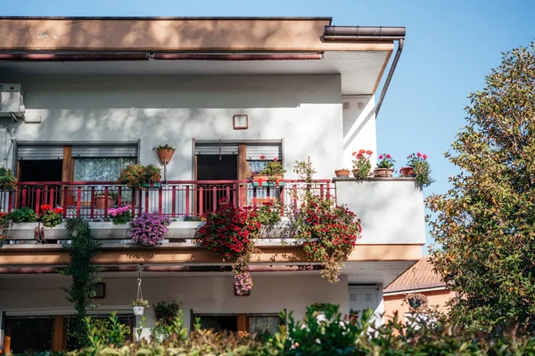 İtalya 'da bir kasaba evinin ön cephesinde saksıları olan resim gibi bir balkon.