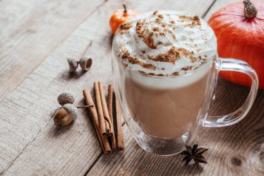 Sonbahar baharatlı, kremalı ve tarçınlı sıcak içecek baharatlı, tarçınlı ve anason yıldızlı vejetaryen içeceği.