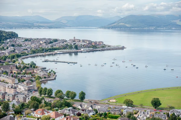 A scenic view of Gourock and Gourock Bay on the Firth of Clyde, seen from the viewpoint on Lyle Hill, Greenock, Inverclyde, Scotland.