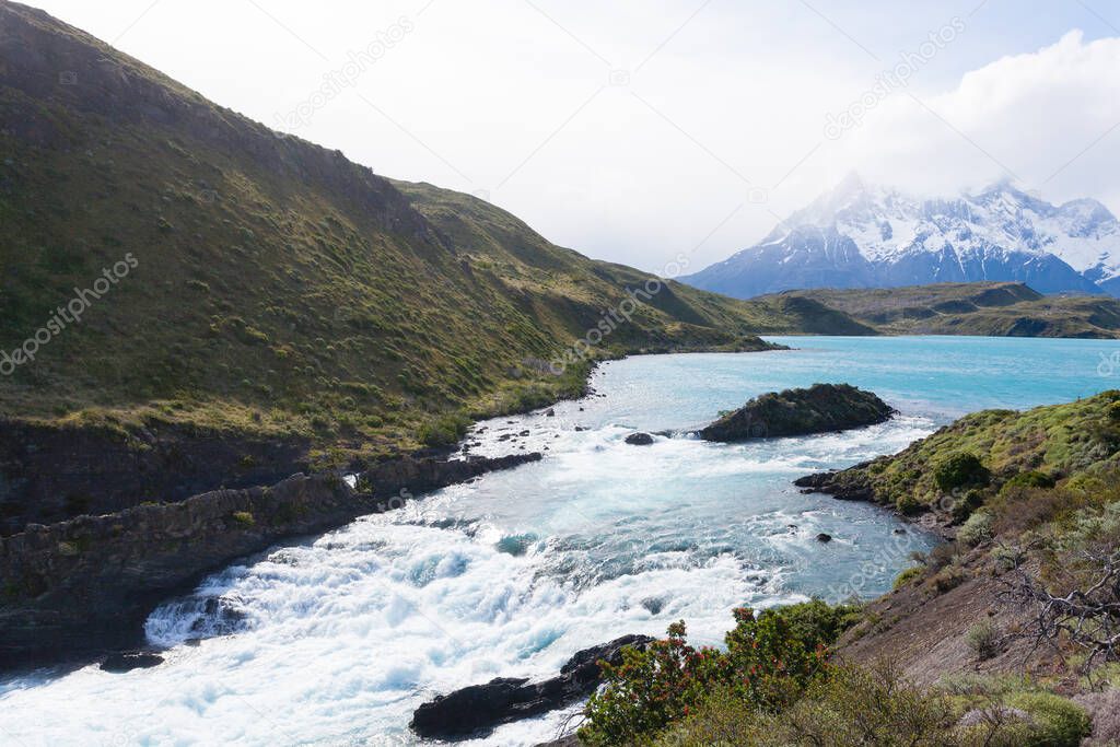 Salto Chico waterfall view, Torres del Paine National Park, Chile. Chilean Patagonia landscape