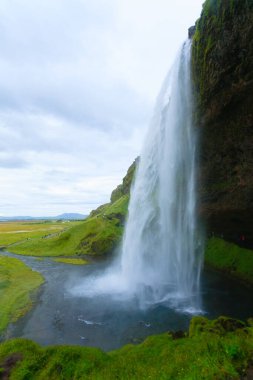 Seljalandsfoss yaz sezonunda İzlanda 'ya düşer. İzlanda manzarası.
