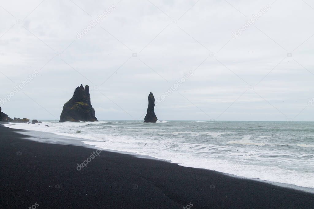 Reynisfjara lava beach view, south Iceland landscape. Vik black beach