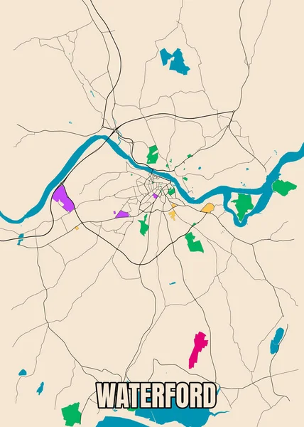 포스터는 아일랜드 워터퍼드 지도를 구체적으로 보여준다 Openstreetmap 데이터 — 스톡 벡터