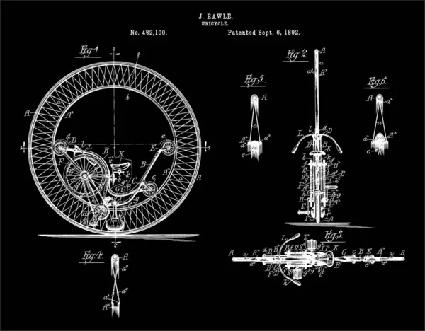 1892 Unicycle Patent Art — 스톡 벡터