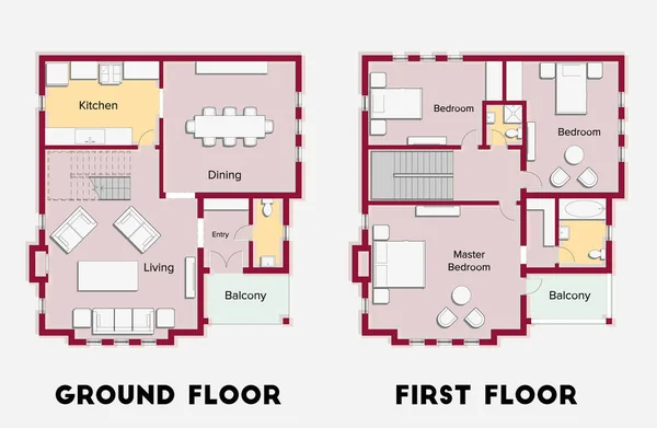 Architectural Color Floor Plan Two Floor Home Three Bedrooms — ストックベクタ