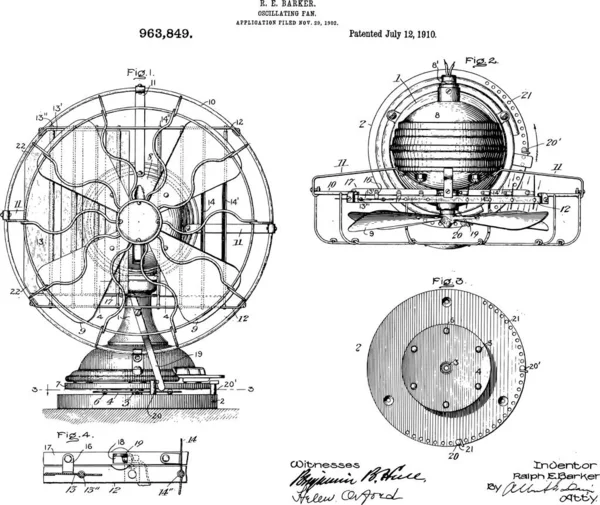 1910 Ventilador Oscilante Vintage Arte Patente — Vector de stock