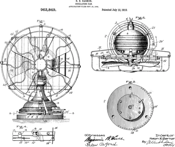 1910 Vintage Oscillante Ventilatore Brevetto Art — Vettoriale Stock