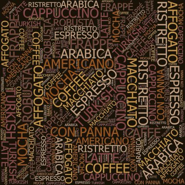 Pattern types of coffee, espresso, cappuccino, macchiato, Word cloud tag cloud text concept.