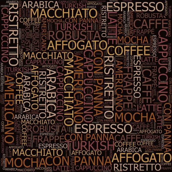 Pattern types of coffee, espresso, cappuccino, macchiato, Word cloud tag cloud text concept.