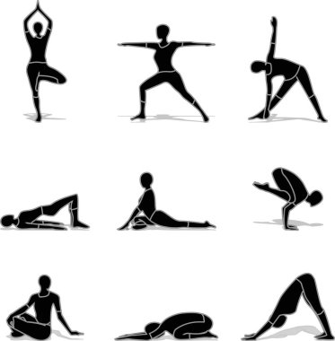 Yoga, t-shirt grafikleri için beyaz arkaplan üzerinde izole edilmiş vektör siluet çizimleri dizaynı dizaynı oluşturur