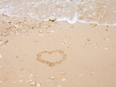 Sahilde el yazısı kalp şeklinde, deniz kenarında kumsalda.