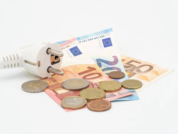 Euro Banknoten Münzen Und Stecker Auf Weißem Hintergrund Energiepreisanstieg Spar Stockbild
