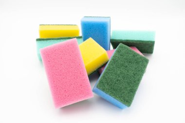 Colorful cleaning sponges on white background, close up