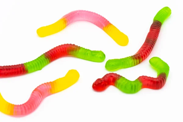 Close Jelly Worms Sweets Colorful Gummy Candies Isolated White Background Stockfoto