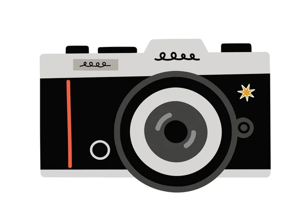 手绘黑色和灰色胶卷相机 带有星光贴纸 老式相机 摄影工具 摄影工具 回到80 90年代 白色上孤立的色彩斑斓的平面矢量图 — 图库矢量图片