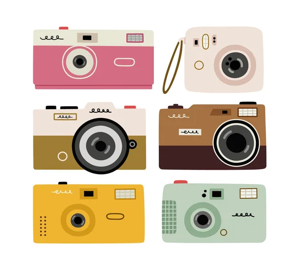 Conjunto Desenhado Mão Câmeras Fotográficas Filme Retro Câmera Vintage Ferramenta — Vetor de Stock