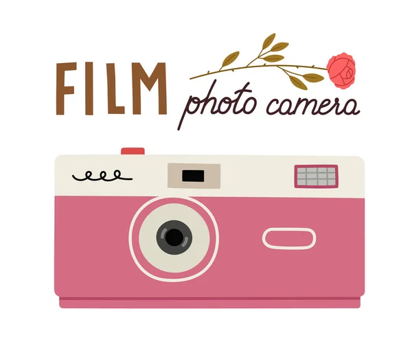 Handgetekende Kaart Van Filmfotocamera Roos Handschrift Retro Vintage Camera Fototoestel — Stockvector