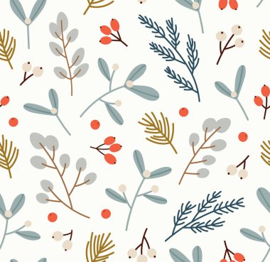 Kusursuz okaliptüs, ökseotu, çam, böğürtlen deseni. Kış mevsimi konsepti, tatiller, Noel, yeni yıl. El çizimi renkli vektör çizimi, bej üzerine izole edilmiş..