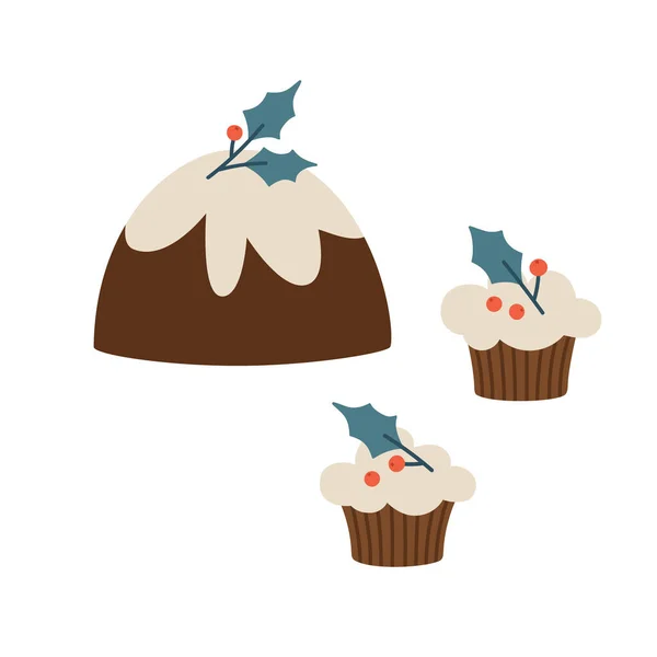 Ensemble Dessiné Main Pudding Noël Cupcakes Avec Houx Concept Saison — Image vectorielle