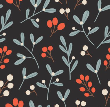 Ökseotu ve böğürtlenlerin kusursuz deseni. Kış mevsimi konsepti, tatiller, Noel, yeni yıl. Elle çizilmiş renkli vektör çizimi, siyah üzerine izole edilmiş.