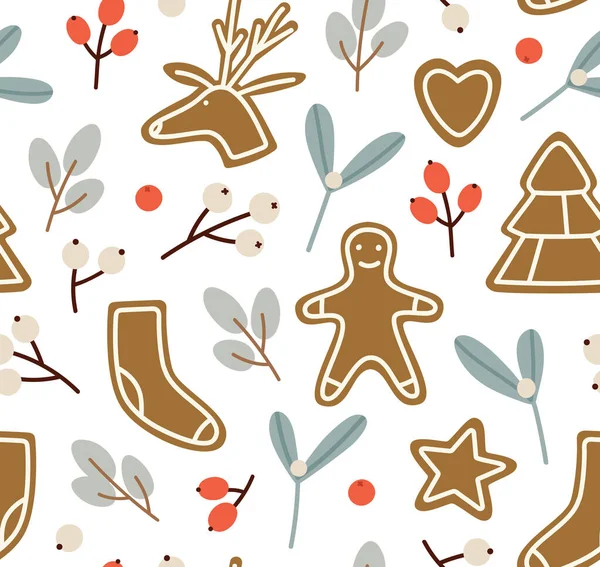 无缝隙图案 有姜饼饼干 桉树枝条 寄生趾 冬季的概念 冬季假期 圣诞节 在白色上孤立的矢量图解 — 图库矢量图片