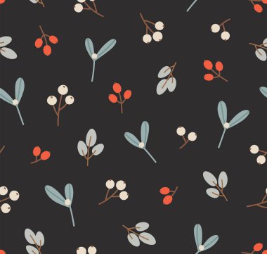 Noel bitkilerinde kusursuz desen. Okaliptüs dalı, ökseotu, böğürtlen. Kış mevsimi kavramı, kış tatili, Noel. Siyah üzerine izole edilmiş vektör illüstrasyonu.