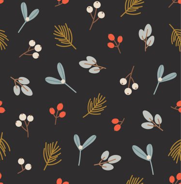 Noel bitkilerinde kusursuz desen. Okaliptüs dalı, ökseotu, böğürtlen ve çam. Kış mevsimi kavramı, kış tatili, Noel, yeni yıl. Siyah üzerine izole edilmiş vektör illüstrasyonu.