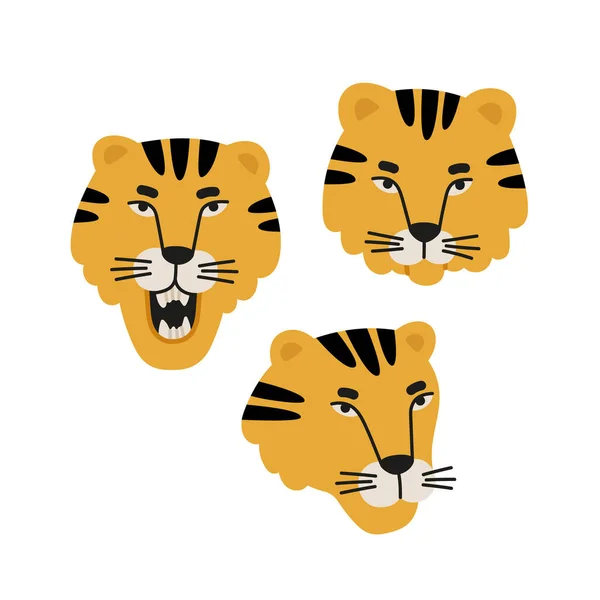 Vector Illustration Yellow Tiger Heads Different States Hand Drawn Bright — Stockvector